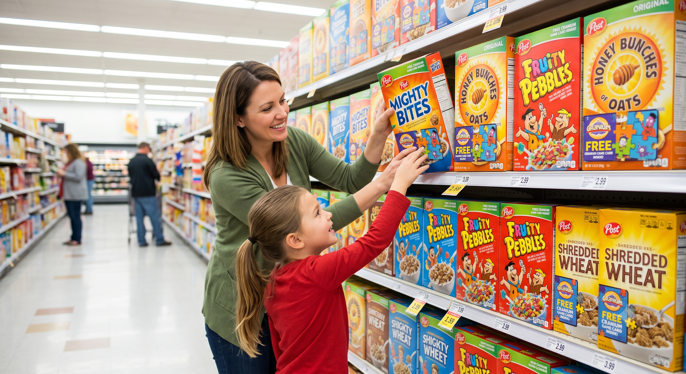A parent and child reaching for Post cereal boxes featuring Cranium game cards