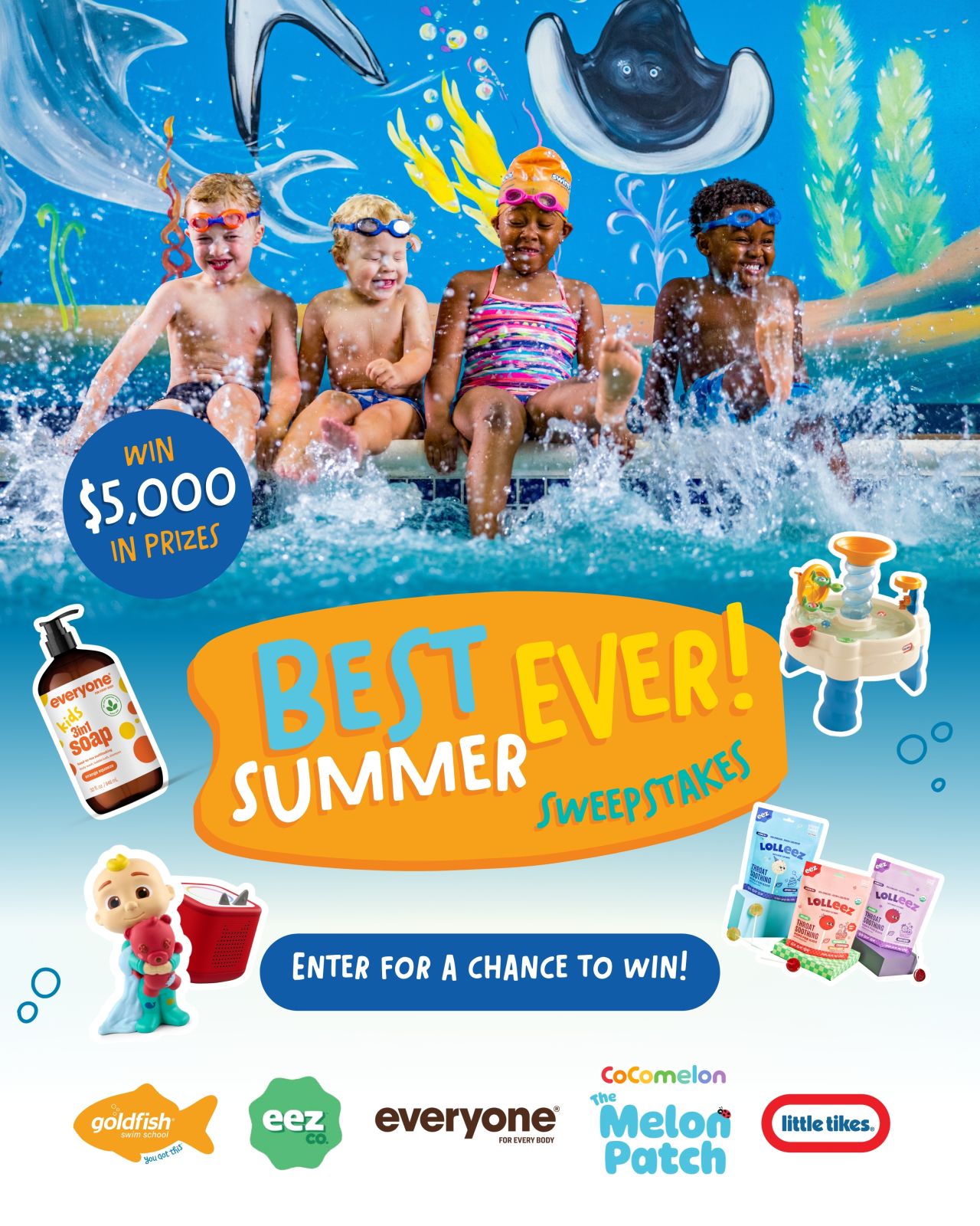 Best Summer Ever Sweepstakes — Goldfish Swim School, Little Tikes, Cocomelon's The Melon Patch, EEZ Co., and EO Products