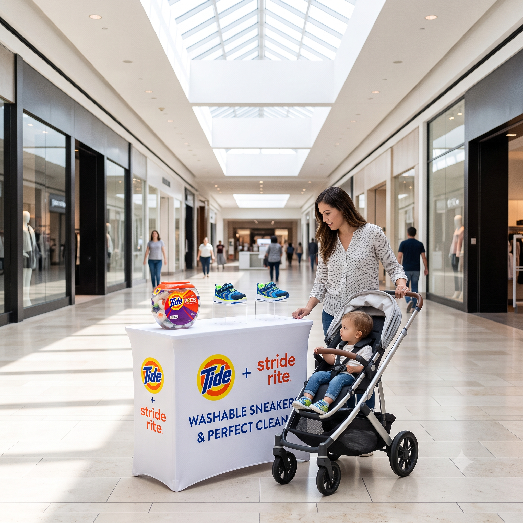 A Tide and Stride Rite in-mall sampling table with washable sneakers, a mom pausing with a stroller